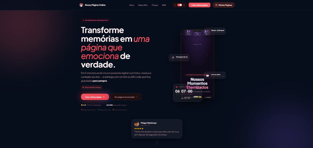 Homepage do Nossa Página — Plataforma SaaS em produção